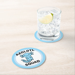 Funny cute Axolotl Squad custom editable blue Round Paper Coaster