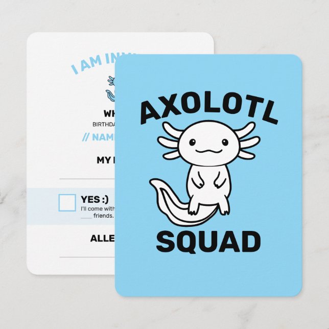 Funny cute Axolotl Squad custom editable blue RSVP Card (Front/Back)