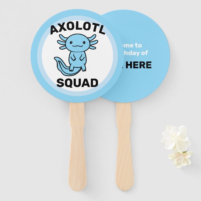 Funny cute Axolotl Squad Party editable blue pink Hand Fan (Front and Back)