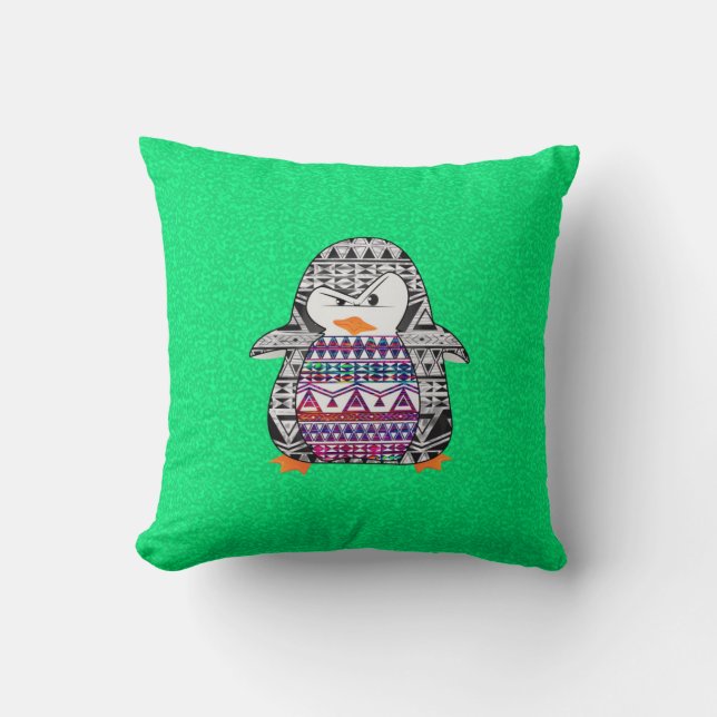 Funny Cute Aztec Penguin on Green Background Cushion (Front)