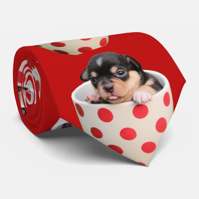 Funny cute baby Chihuahua in red polka dot mug Tie (Rolled)