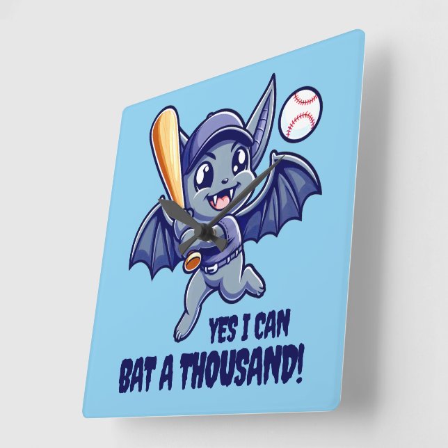 Funny Cute Bat Yes I Can Bat a Thousand! Square Wall Clock (Angle)