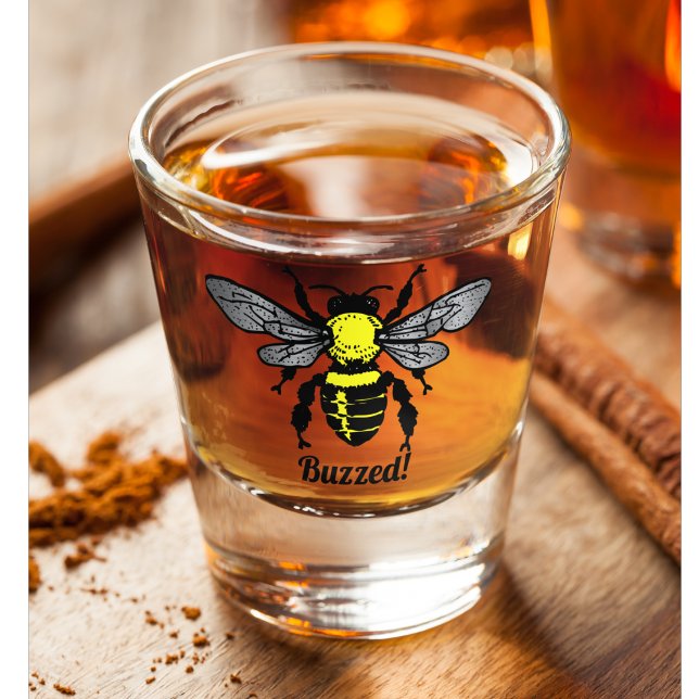 Funny Cute Bee Insect Buzzed Quote Pun Shot Glass (Buzzed! A silly bee inspired pun featuring a honey bee.)