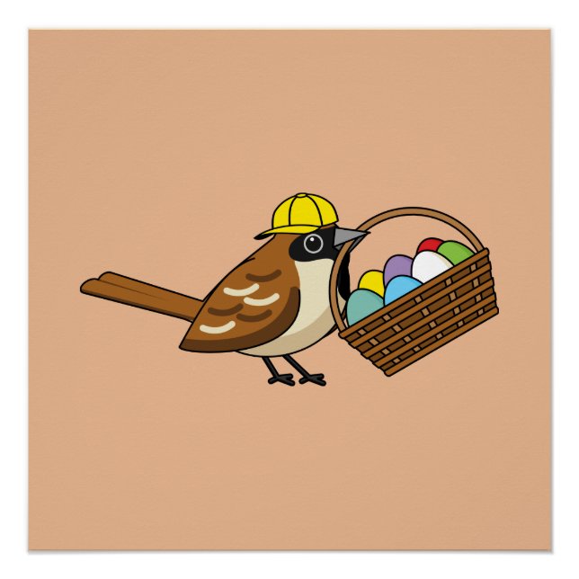 Funny Cute Bird with Colourful Eggs Basket Poster (Front)