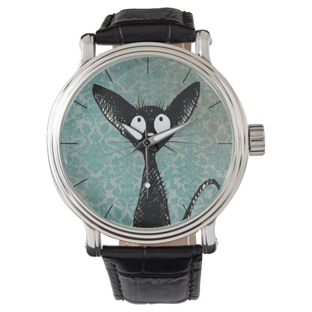 Funny Cute Black Cat Art on Blue Damask Watch (Front)