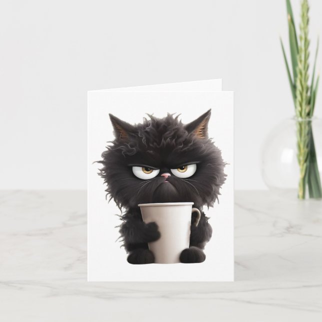 Funny Cute Black Cat Coffee Angry  Card (Front)