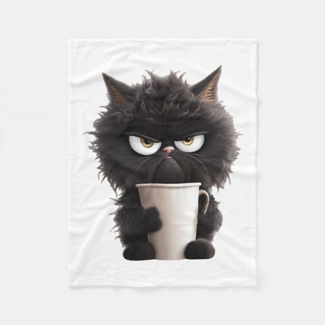 Funny Cute Black Cat Coffee Angry  Fleece Blanket (Front)
