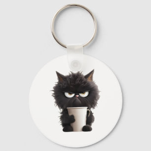 Funny Cute Black Cat Coffee Angry  Key Ring