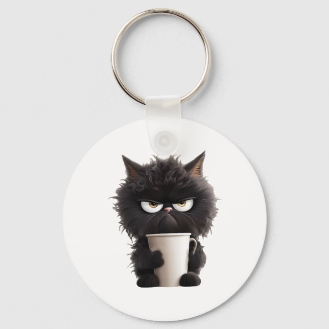 Funny Cute Black Cat Coffee Angry  Key Ring (Front)