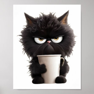 Funny Cute Black Cat Coffee Angry Poster