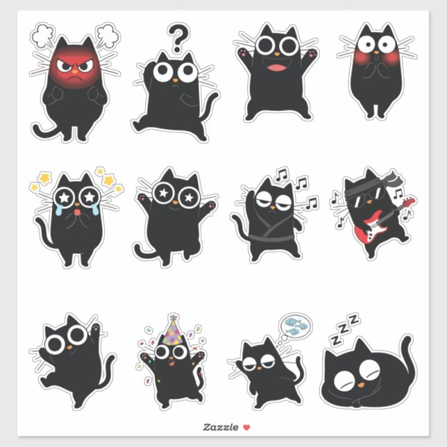 Funny Cute Black Cat Expressions Sticker Pack (Sheet)
