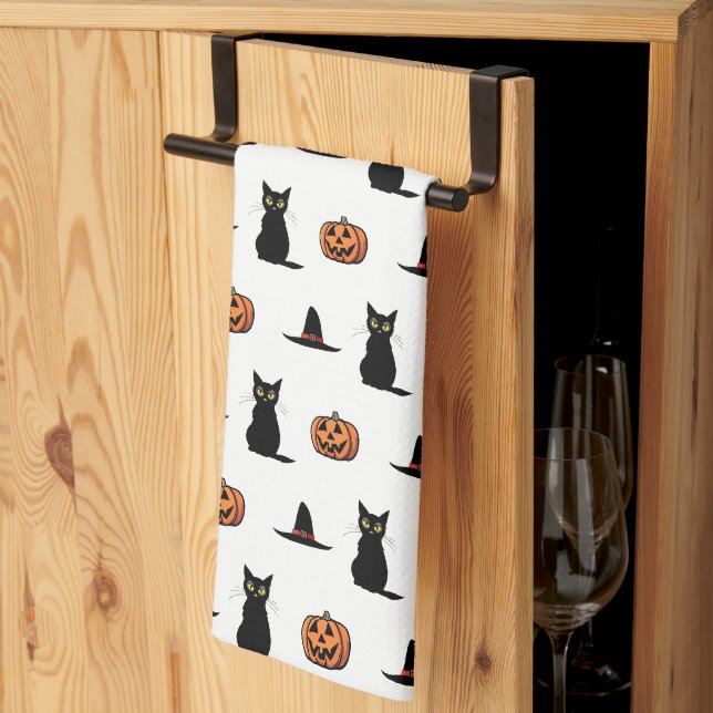 Funny Cute Black Cat Halloween Kitchen Towels (Thirds Fold)