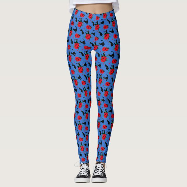 Funny Cute Black Cats Red Roses Pattern Leggings (Front)