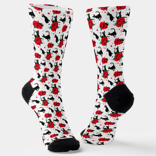 Funny Cute Black Cats Red Roses Pattern Socks (Angled)