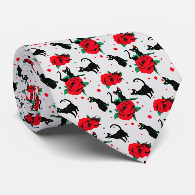 Funny Cute Black Cats Red Roses Pattern Tie (Rolled)