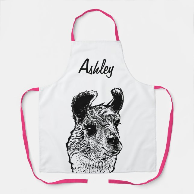Funny Cute Black & White Llama Apron (Front)