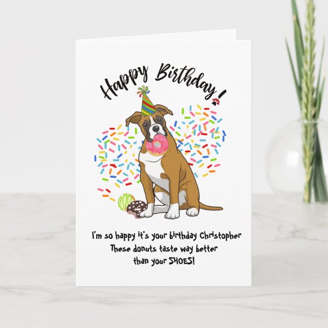Funny Cute Boxer Dog Birthday Card Doughnuts (Front)