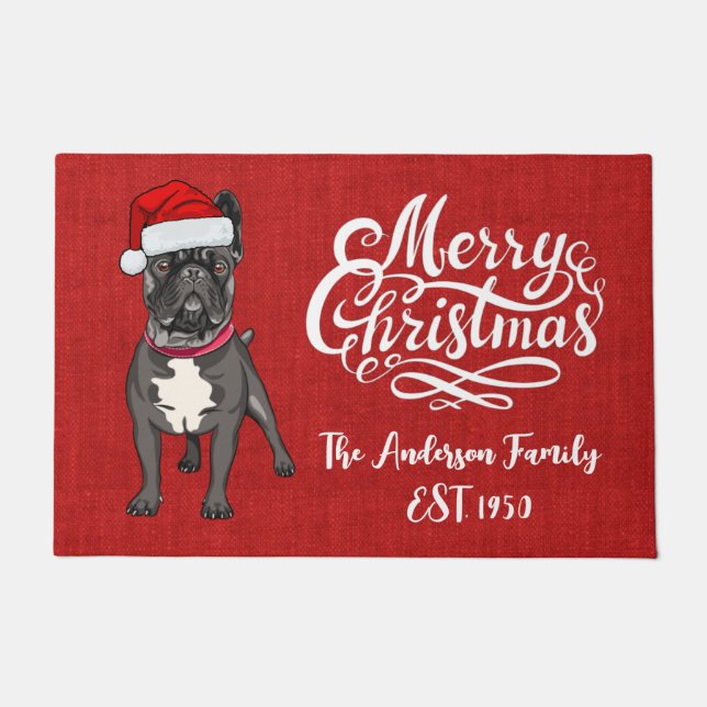 Funny cute bulldog elegant script red christmas  doormat (Front)