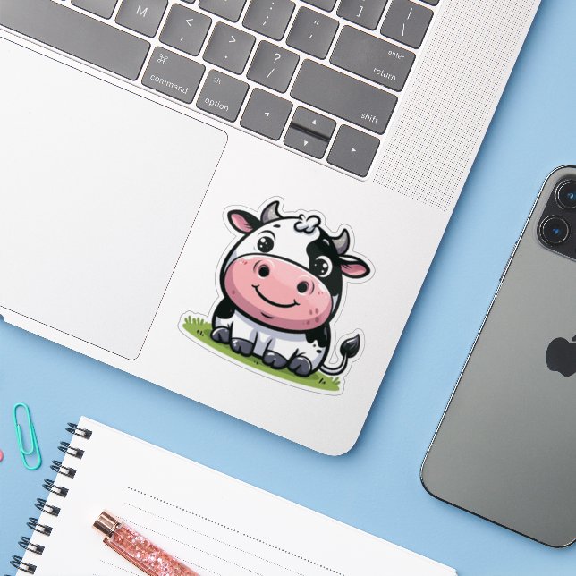Funny Cute Cartoon Sweet Classic Round Animal Cow  (Laptop w/ iPhone)