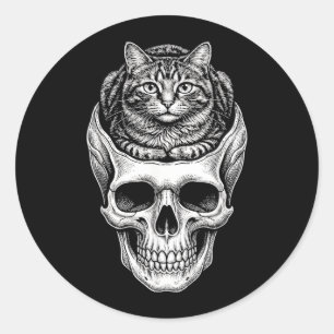 Funny Cute Cat and Skull Meme Humour Art Design Classic Round Sticker
