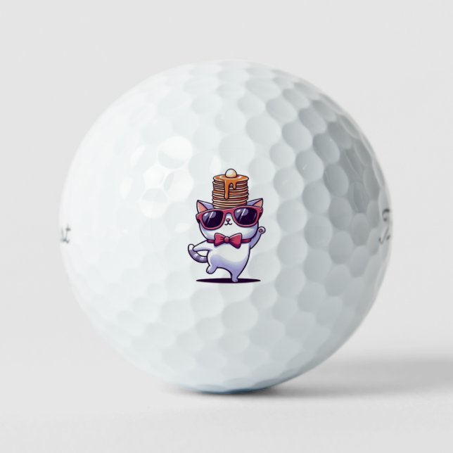 Funny cute cat balancing pancake stack golf balls (Front)