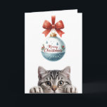 Funny Cute Cat Christmas Folded Greeting Card<br><div class="desc">This Adorable Funny Cute Cat Christmas Card features a Cute Mischievous Tabby Cat. Above its head dangles a Shiny Christmas Ornament that says, "Merry Christmas." Perfect for Cat Lovers who appreciate a little Holiday Mischief! This Xmas Cat Card has a Funny Verse on the inside. Personalise this Christmas Card to...</div>