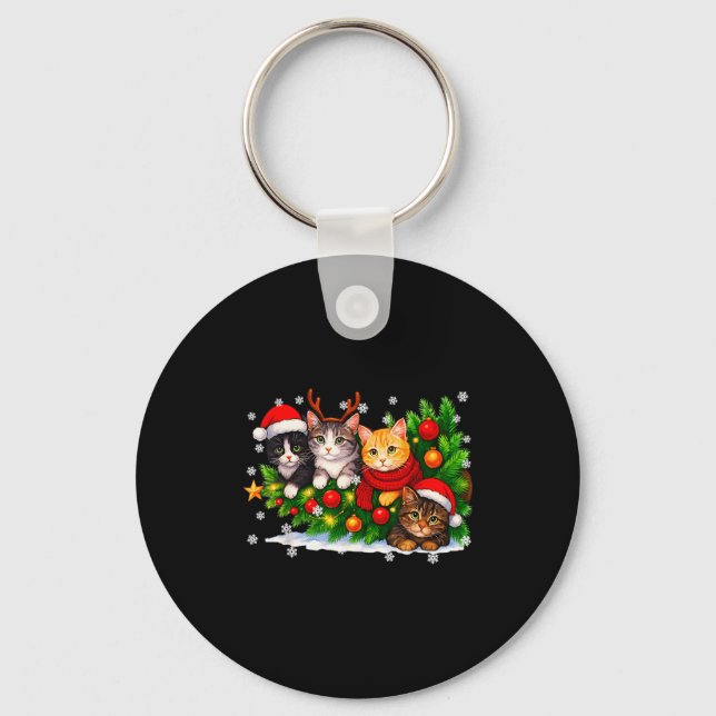 Funny Cute Cat Crew Santa Hat Christmas Xmas Women Key Ring (Front)