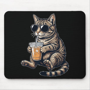Funny Cute Cat Drinking Iced Coffee Cool Animal Mouse Pad