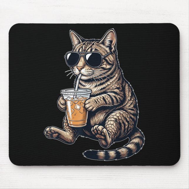 Funny Cute Cat Drinking Iced Coffee Cool Animal Mouse Pad (Front)