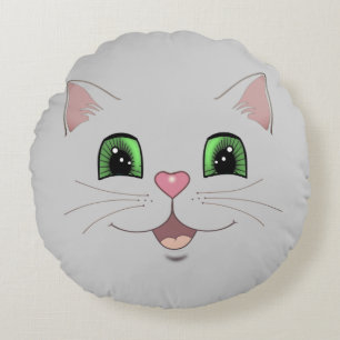 Funny cute cat face on silver grey round cushion