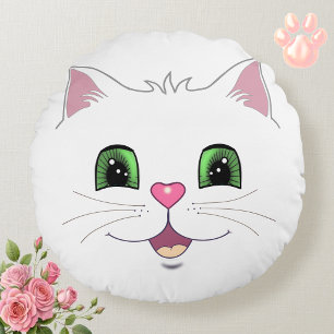 Funny cute cat face on white round pillow