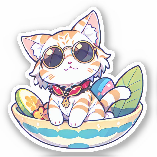 Funny cute cat in sunglasses with happy emotion (Front)