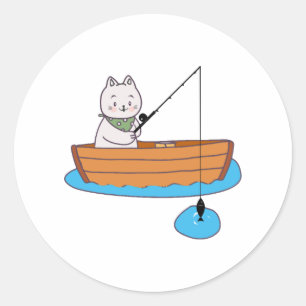 Funny Cute Cat Kitten With Fishing Rod Classic Round Sticker