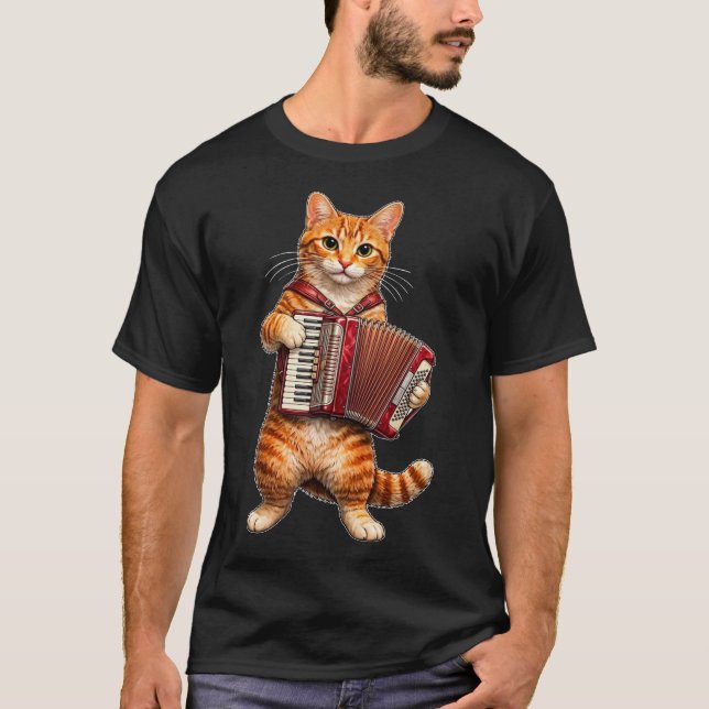 Funny Cute Cat Playing Accordion Musical Kitty T-Shirt (Front)