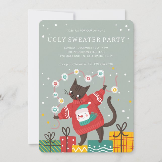 Funny Cute Cat Ugly Christmas Sweater Party Holiday Card (Front)