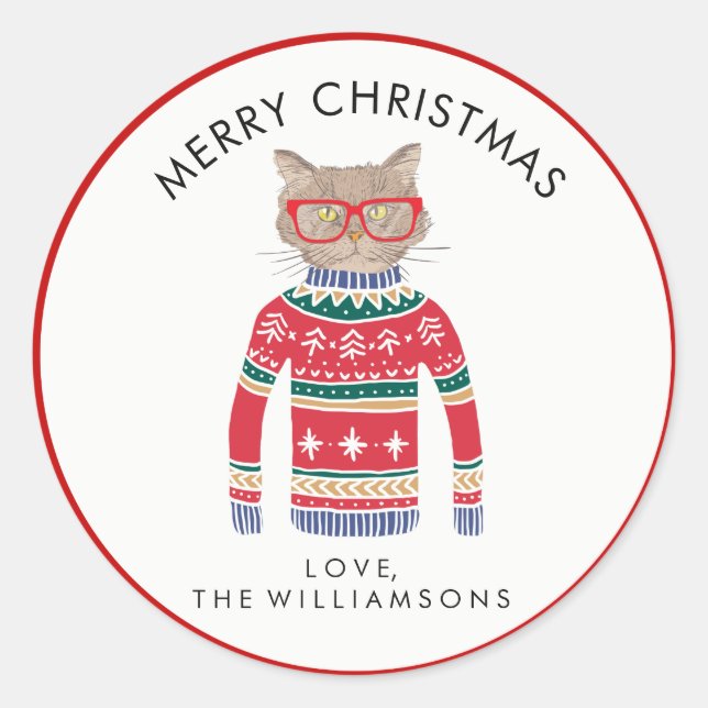 Funny Cute Cat Wearing Ugly Christmas Sweater Classic Round Sticker (Front)