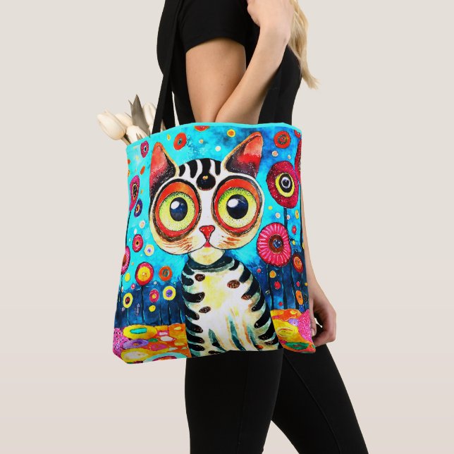FUNNY CUTE CAT WITH BIG EYES ABSTRACT DESIGN TOTE BAG (Close Up)