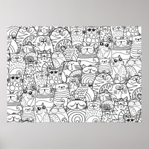 Funny Cute Cats Doodle Relaxing Party Colouring Ar Poster