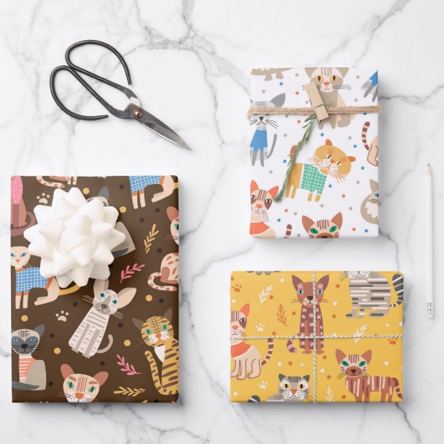 Funny Cute Cats Wrapping Paper Set of 3 (Front)