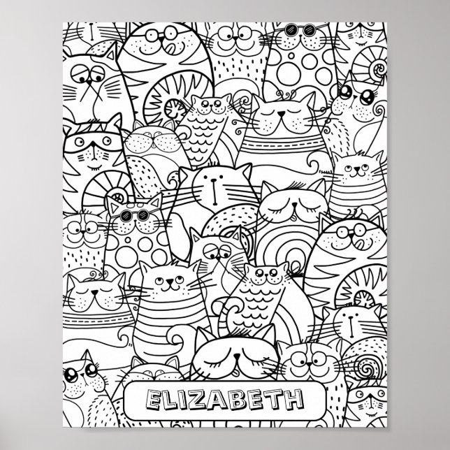 Funny Cute Cats Zen Doodle Colouring Custom Name Poster (Front)