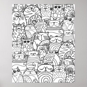 Funny Cute Cats Zen Doodle Relaxing Adult Colourin Poster