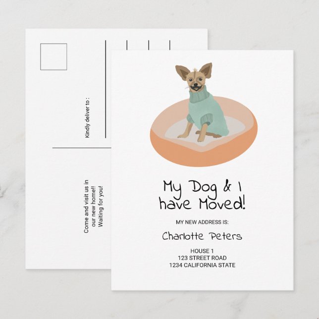 Funny cute chihuaha dog illustration moving announcement postcard (Front/Back)