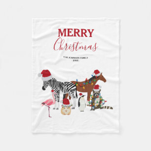 Funny Cute Christmas Animals Santa Hats Lights   Fleece Blanket