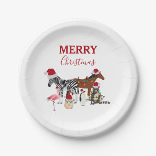 Funny Cute Christmas Animals Santa Hats Lights   Paper Plate