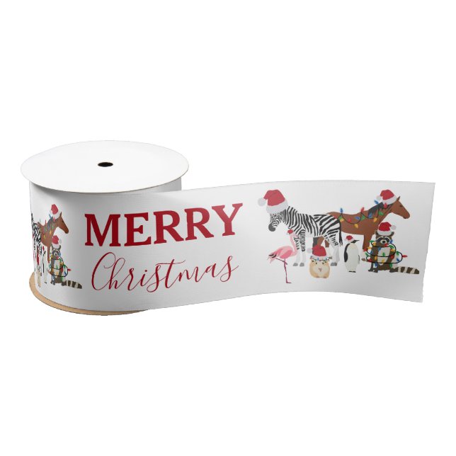 Funny Cute Christmas Animals Santa Hats Lights   Satin Ribbon (Spool)