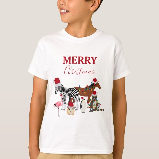 Funny Cute Christmas Animals Santa Hats Lights T-Shirt (Front)