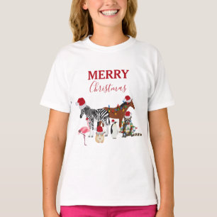 Funny Cute Christmas Animals Santa Hats Lights T-Shirt