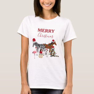 Funny Cute Christmas Animals Santa Hats Lights T-Shirt