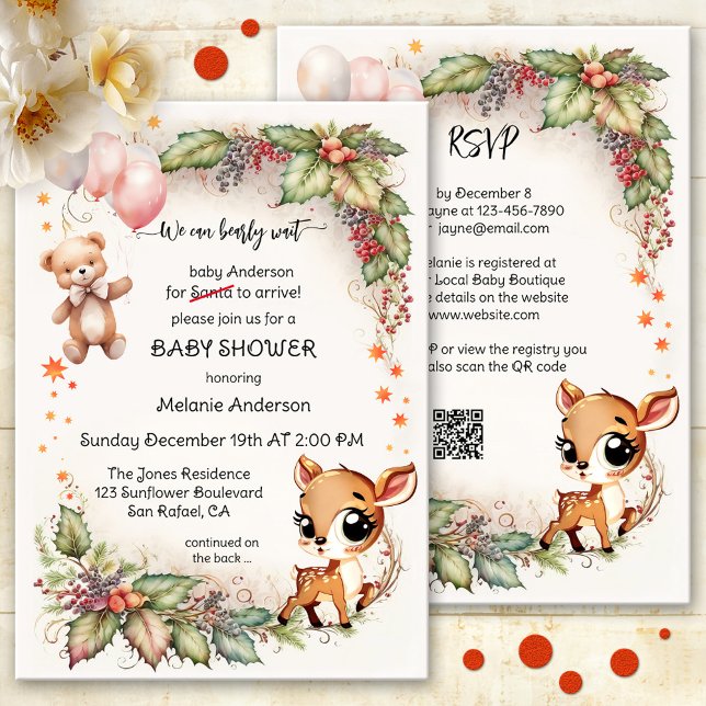 Funny Cute Christmas Bear Baby Shower Invitation (Christmas baby shower invitation with cute bear and deer on watercolor leaves and berries - QR code)
