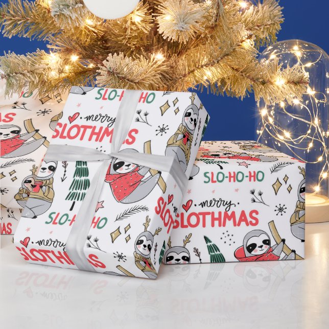 Funny Cute Christmas Sloth with Santa Hat Wrapping Paper (Holidays)